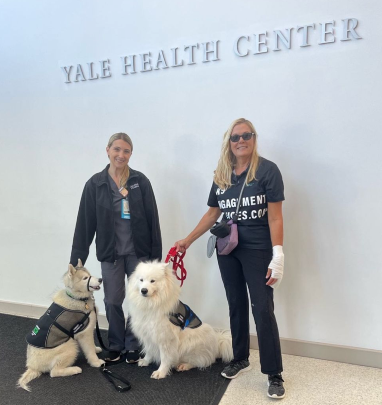 Sherry and Laika Blue with another handler and dog at Yale Health event.